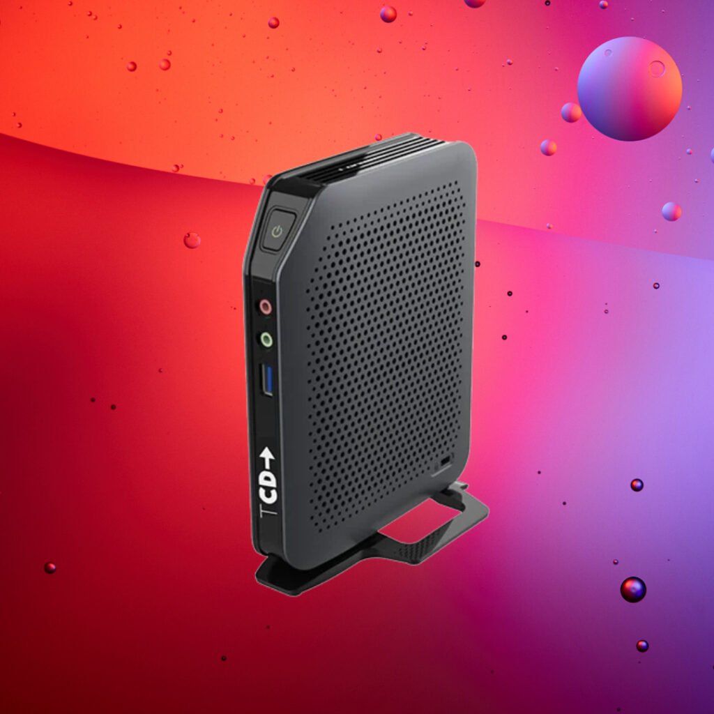 Thin Client Direct 1 Series with a bright orange and purple background