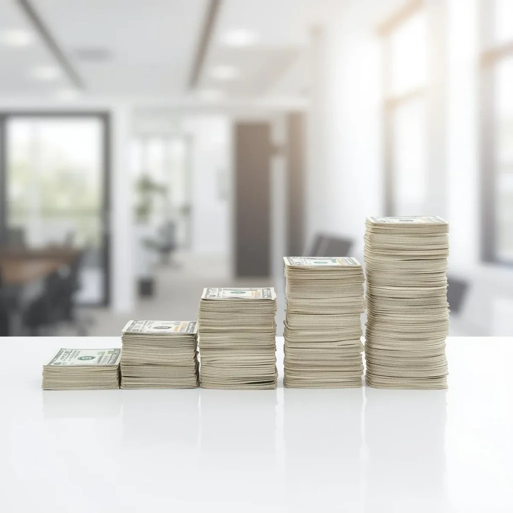 ascending stacks of us dollar bills on a table
