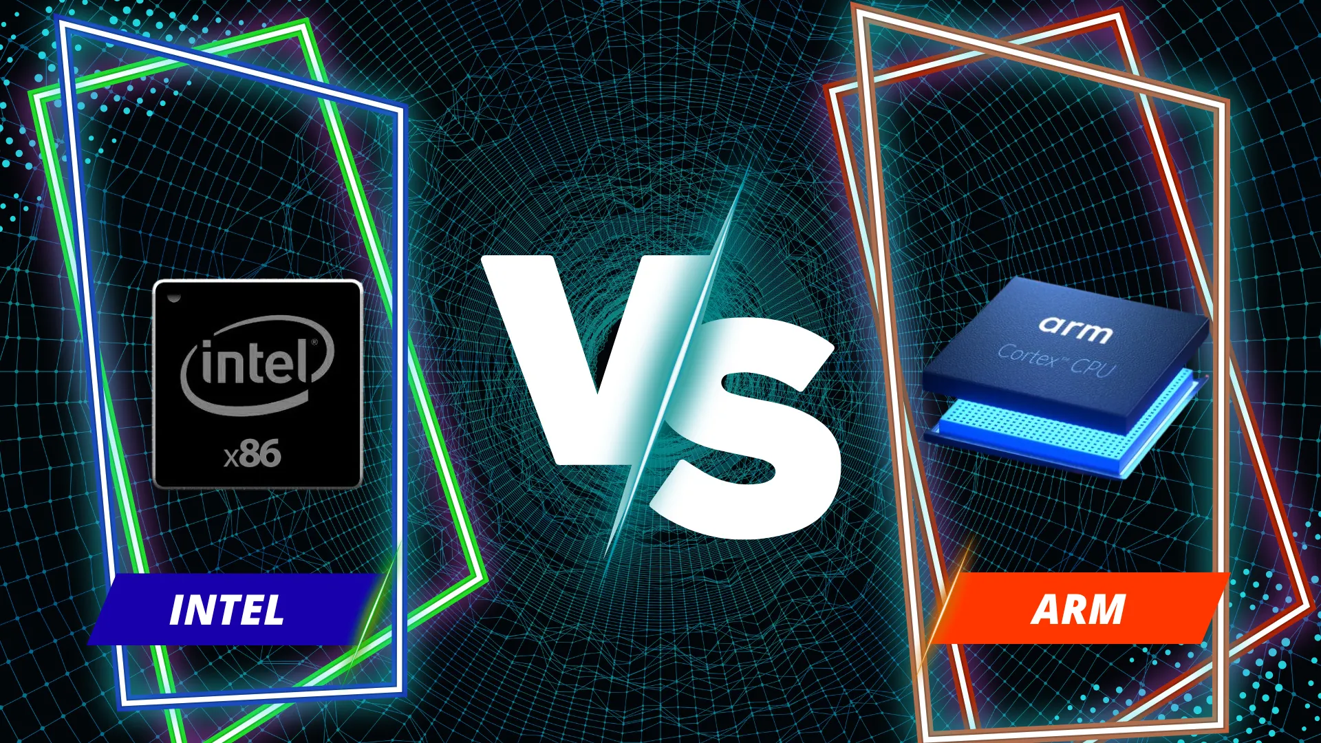 Illustration comparing ARM vs x86 processor architectures for modern thin clients, showing two abstract chip designs side by side in a clean, professional style.