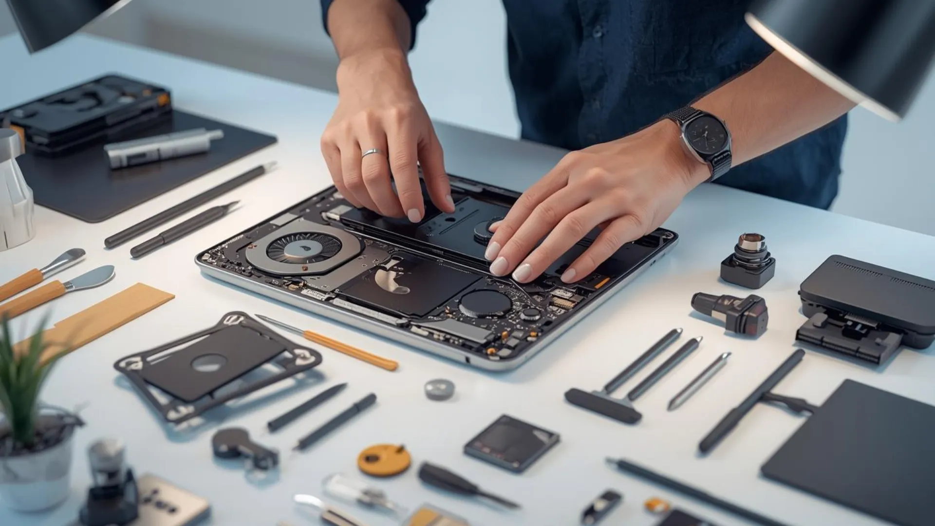 Disassembled computer components on a desk, illustrating IT hardware reuse and recycling