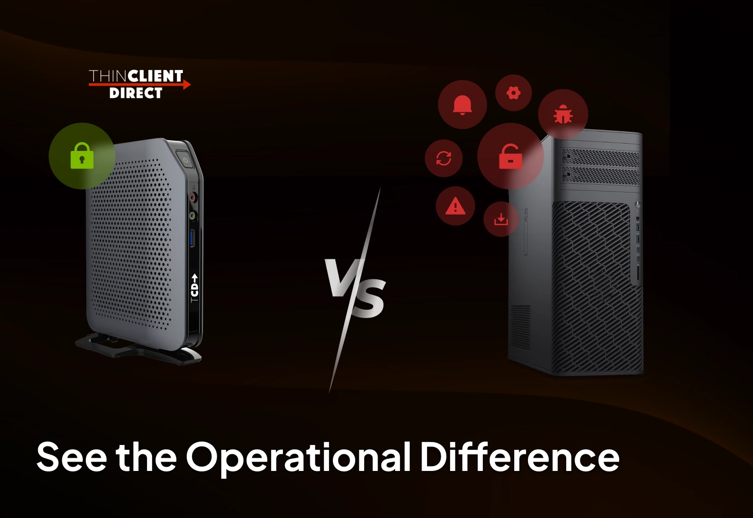 Thin client vs traditional PC comparison highlighting security, management, and operational efficiency differences in enterprise environments
