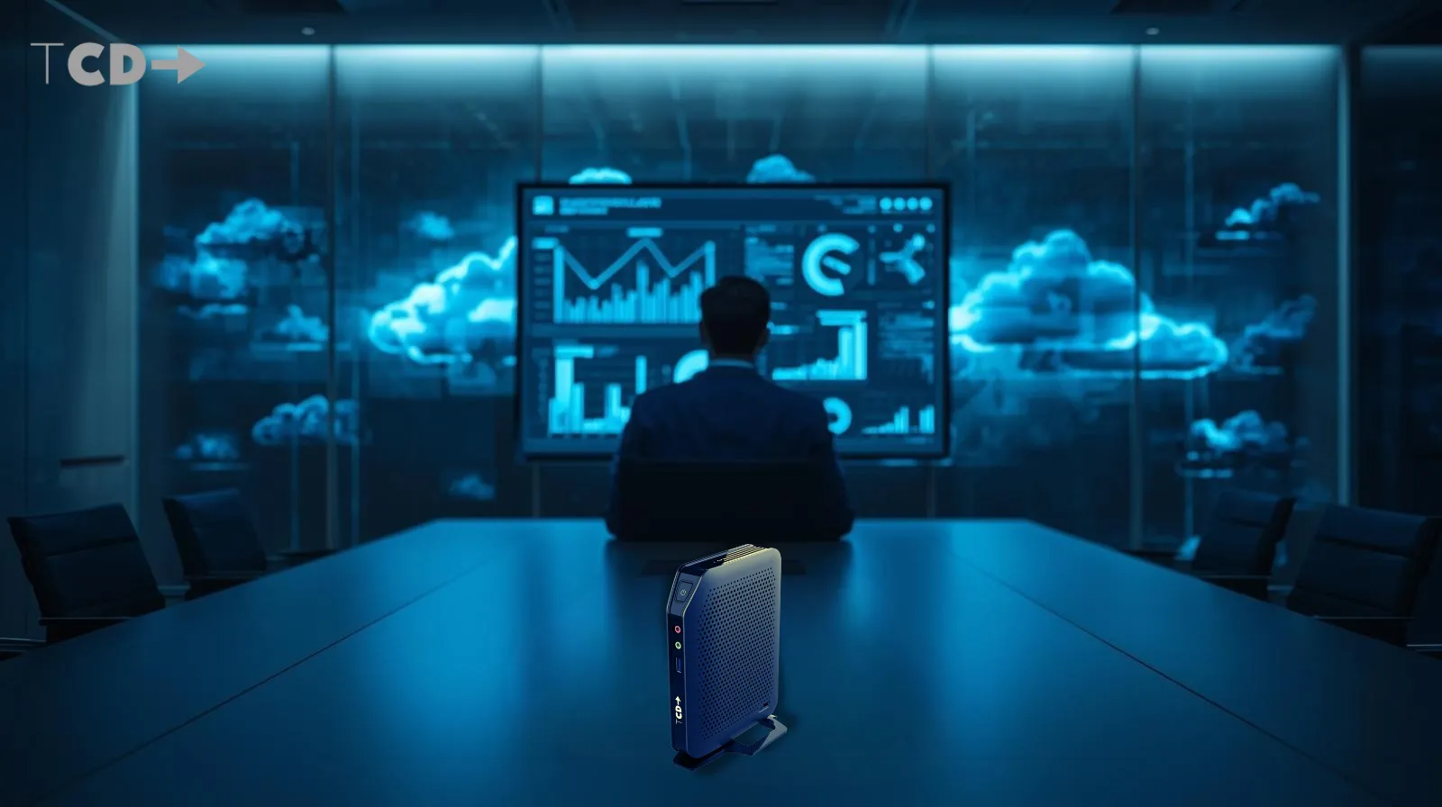Enterprise CIO reviewing centralized cloud dashboards while a TCD 1 Series thin client sits on conference table representing extended endpoint lifecycle strategy.
