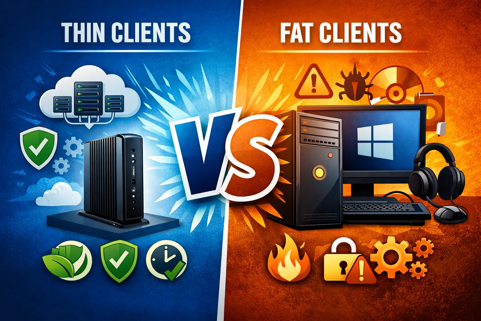 A split comparison image labeled “Thin Clients” on the left in a calm blue environment with a compact thin client, cloud servers, and security icons, contrasted with “Fat Clients” on the right in a warm orange setting showing a bulky desktop PC surrounded by warning, fire, and risk symbols, separated by a bold central “VS.”