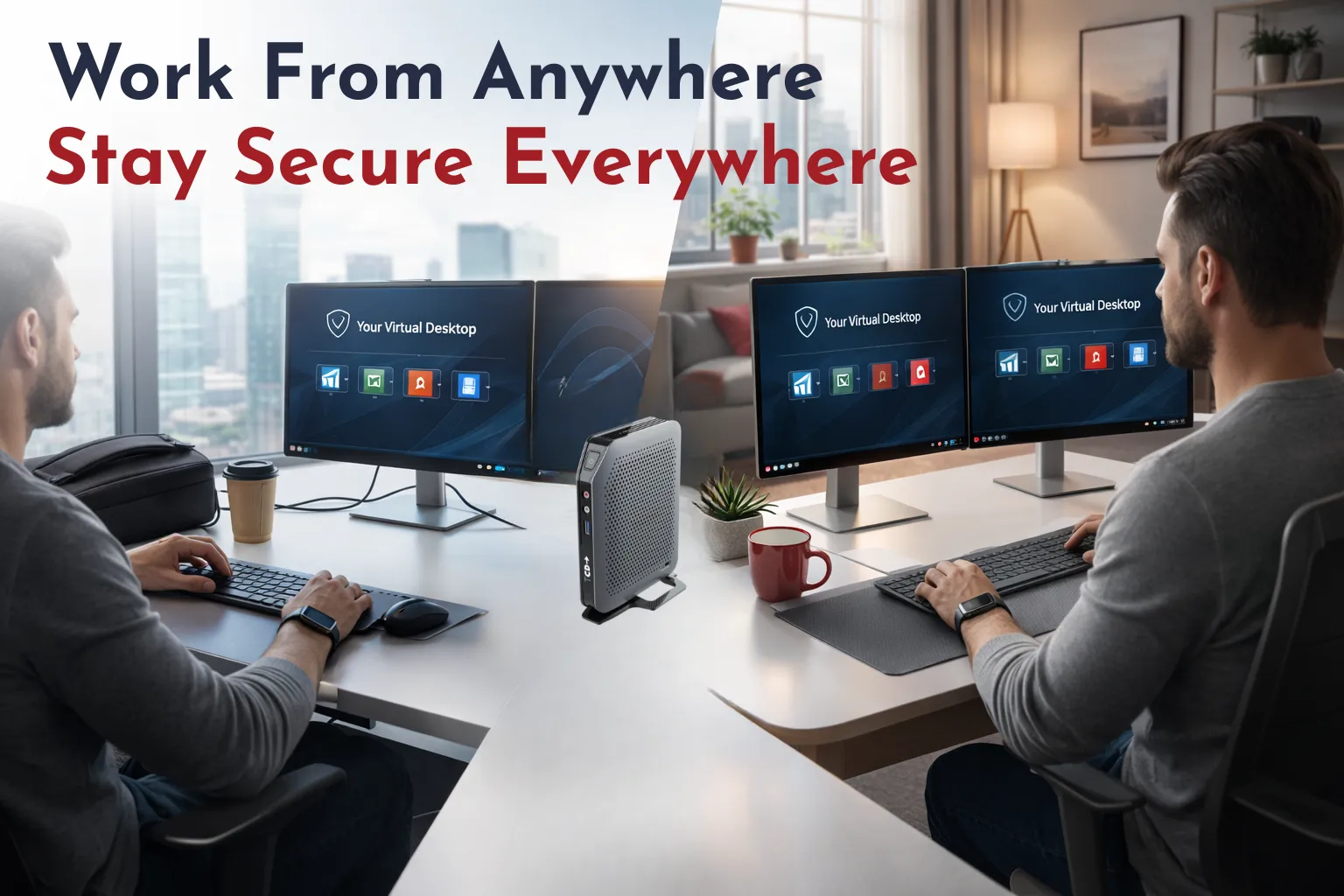 Thin client remote work setup showing secure access to Azure Virtual Desktop, Citrix, and Windows 365 from office and home environments using a TCD endpoint