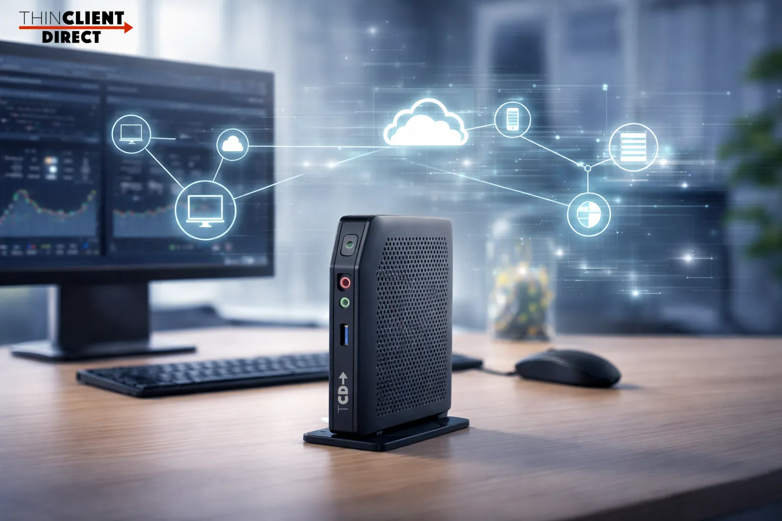 TCD thin client on a modern office desk with monitor, keyboard, mouse, and cloud network graphics representing how software support influences endpoint hardware lifecycle.