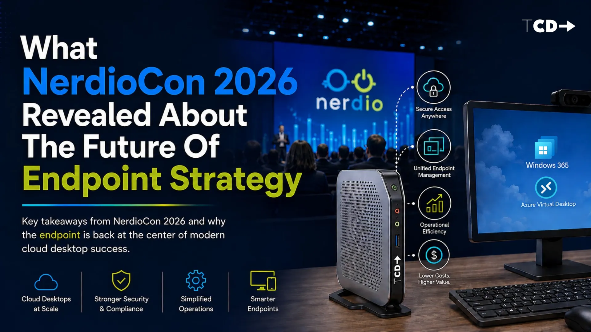 Conference-style visual representing NerdioCon 2026 discussions around endpoint strategy, Windows 365, Azure Virtual Desktop, cloud desktop management, and modern EUC infrastructure with a ThinClient Direct endpoint device in the foreground.