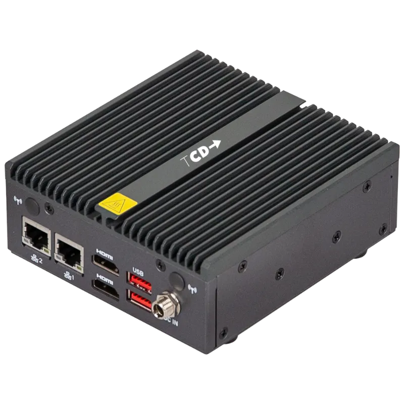 Angled view of the TCD G Series TAA-compliant thin client with fanless aluminum chassis dual LAN HDMI and USB connectivity for secure government and enterprise EUC deployments