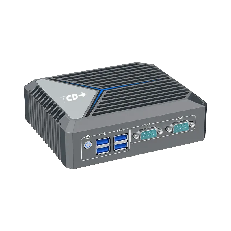 Angled view of the TCD i Series industrial thin client with fanless aluminum chassis, dual COM ports, USB connectivity, and rugged design for manufacturing, automation, and edge environments.