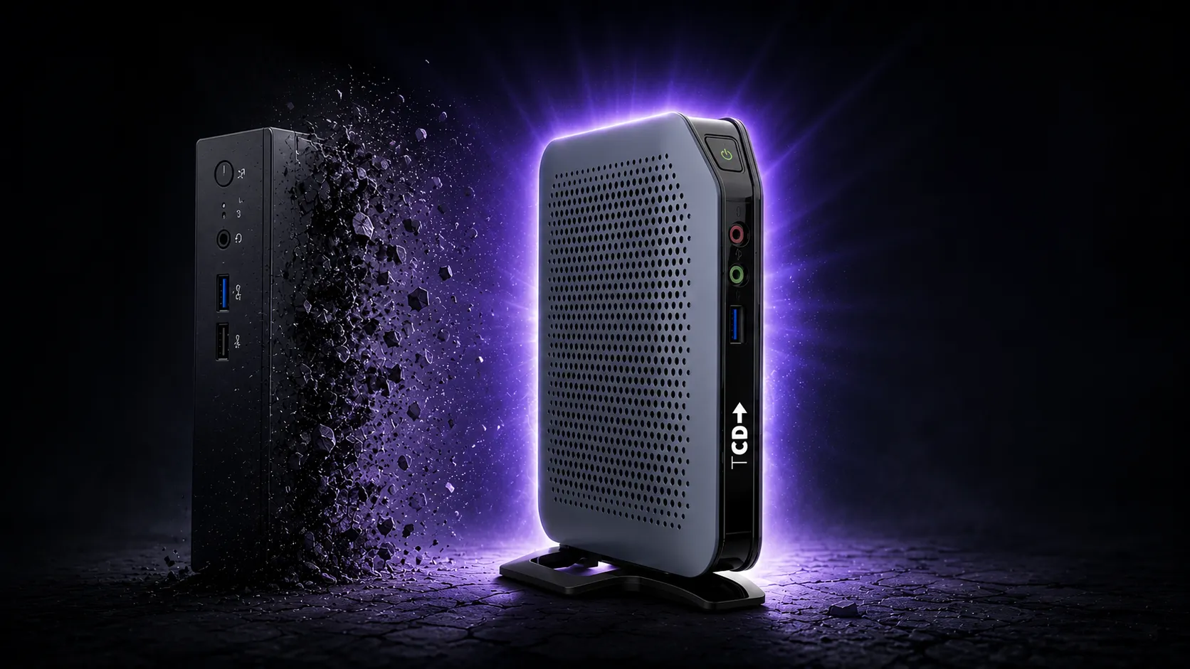 TCD 1 Series thin client standing beside a fading legacy thin client, symbolizing the shift toward more flexible and modern endpoint solutions